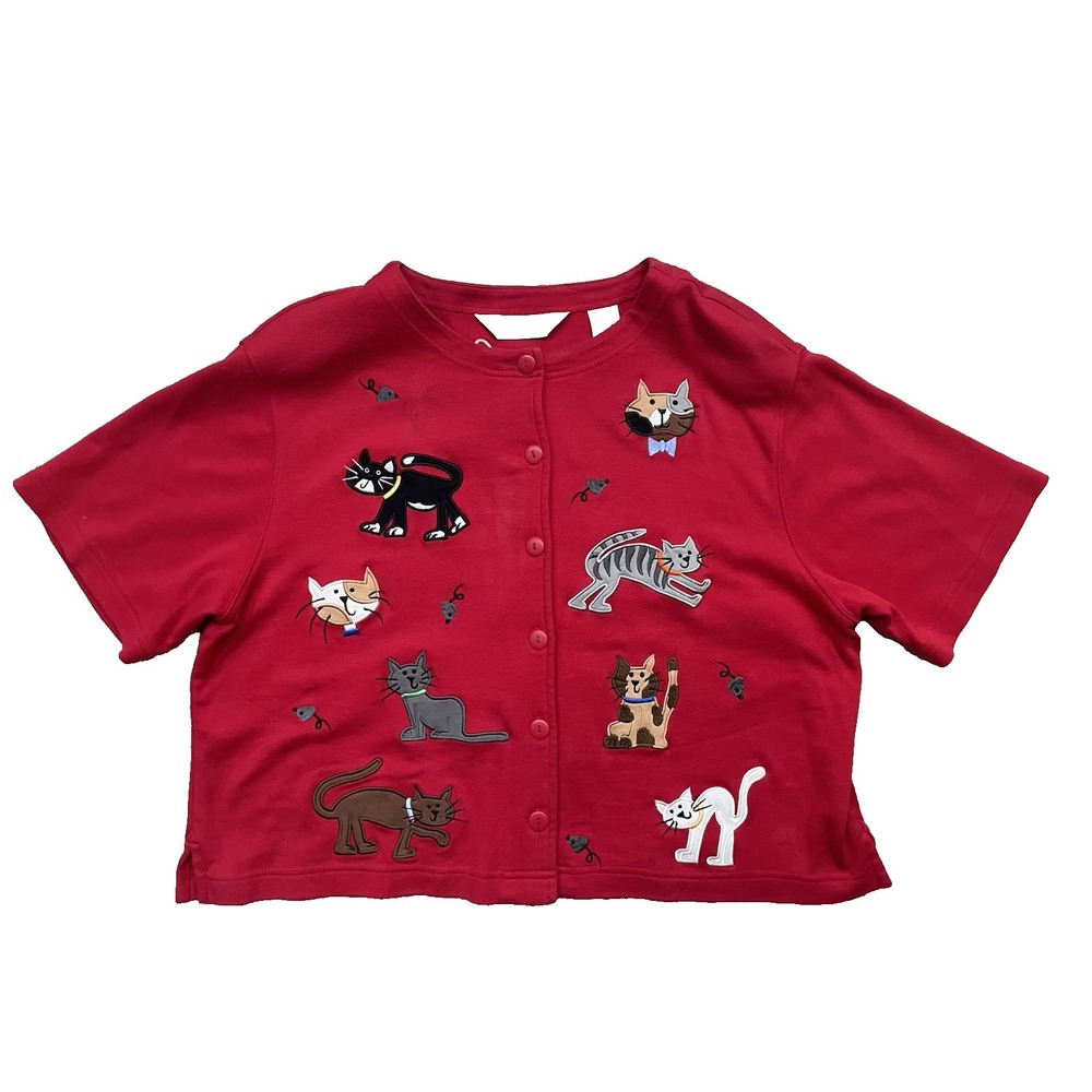 Vtg Bechamel Red Shirt with Appliquéd Cats & Embroidered Mice Prints Sz PL‎